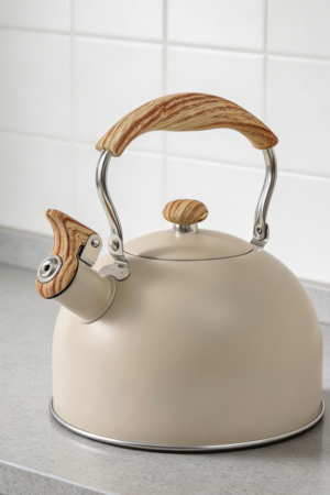 2.5QT Creamy White Whistling Kettle Wood Handle