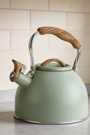 3L Green Stainless Whistling Kettle Wood Handle